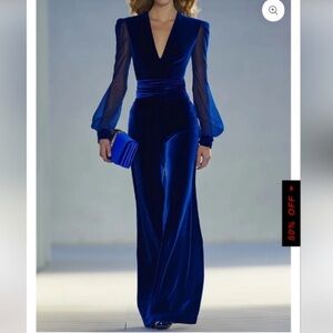 OYROSY Royal Velvet Blue Elegant V- Neck Jumpsuit Size M XS